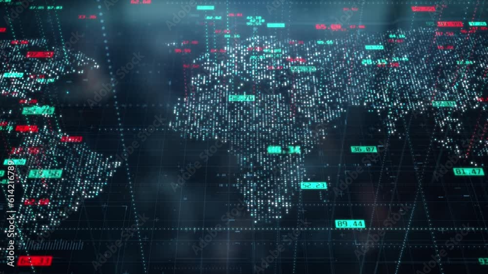 Forex trade with digital world map. Financial trading prices. Global finance exchange index concept. Cryptocurrency or stock market chart and data. Bitcoin BTC and ethereum ETH background
