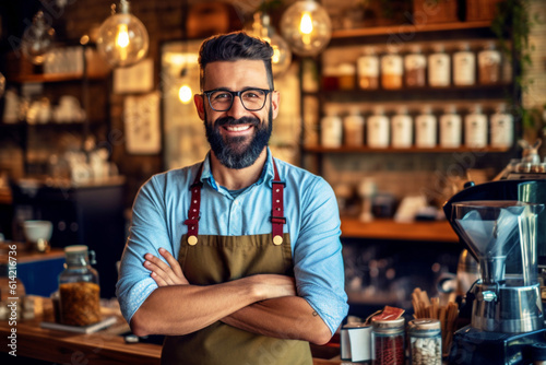 Portrait of a cheerful, broadly smiling male barista in an apron and glasses, working at the counter in a cafe, the joy of communication. Generative AI