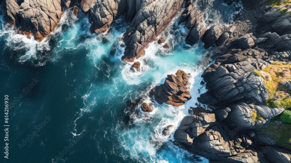 Majestic Coastal Drama: Aerial View of a Rugged and Rocky Coastline. Generative AI