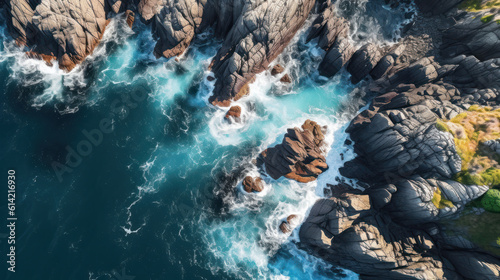 Majestic Coastal Drama: Aerial View of a Rugged and Rocky Coastline. Generative AI © Sascha