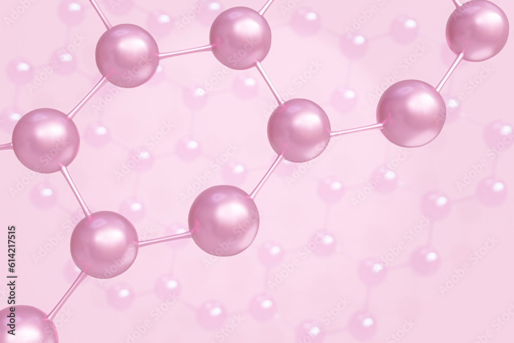 3D Pink molecule or atom floating in air on light pink background. Abstract structure for science. illustration 3d render collagen molecule concept.
