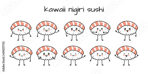 Set of kawaii nigiri sushi mascots in cartoon style