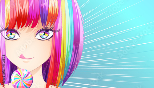ute girl with rainbow hair and lollipop.