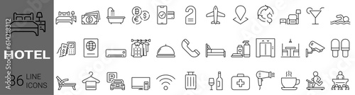 set of 36 line web icons Hotel service, apartment booking. Hostel, transfer, airport, Hotel simple thin line icons set. Editable stroke Vector illustration. Outline icon collection
