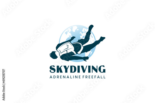 Vector silhouette of person in free fall with globe background, skydiving sport logo design