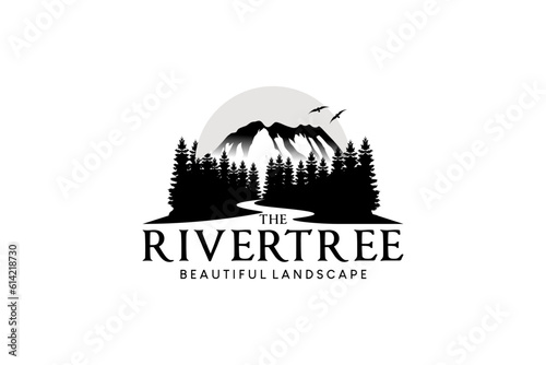 River tree logo design, mountain trees river landscape vector silhouette