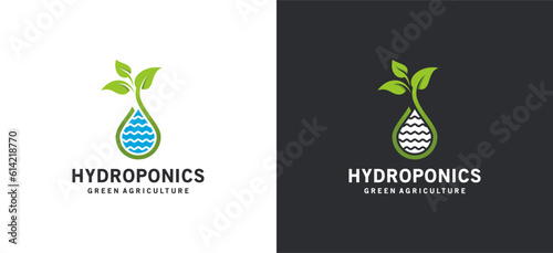 Green hydroponic plant logo design with modern abstract creative water drop icon concept