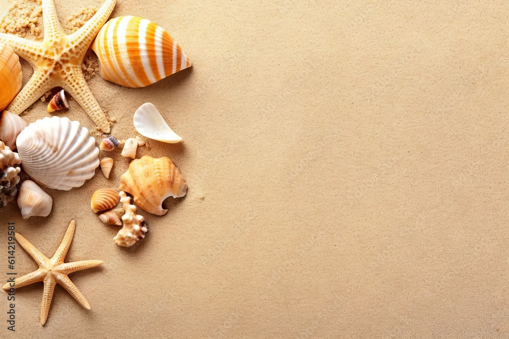 Beachside Wonder. Top view Starfish and Seashells on Beach Background Beachside Wonder. Top view Starfish and Seashells on Beach Background