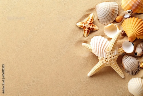Beachside Wonder. Top view Starfish and Seashells on Beach Background