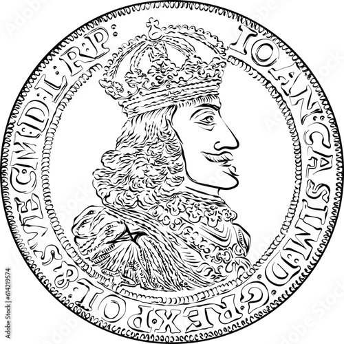 Obverse of Gold double ducat of John II Casimir Vasa, polish money. Black and white photo