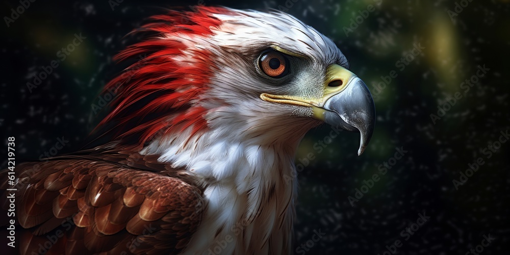 Fototapeta premium Hawk bird red and white color isolated on black background. Generative Ai