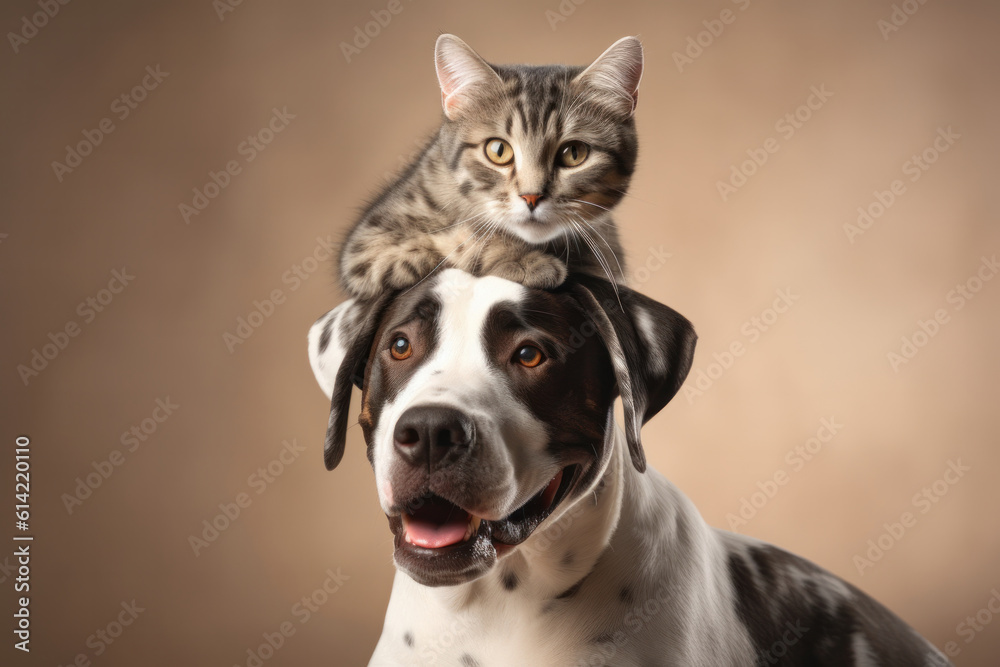 A friendship like no other a cat perched on top of a dog's head in a bond of harmony and joy. AI Generative A friendship like no other a cat perched on top of a dog's head in a bond of harmony and joy. AI Generative