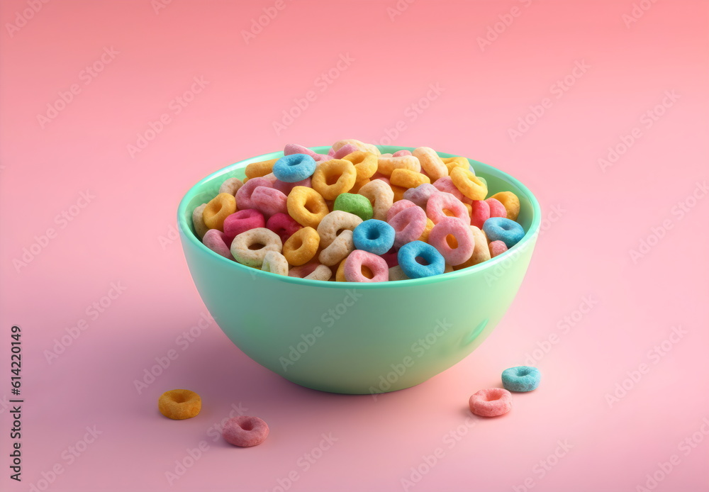 bowl of colored loop cereal isolated on pink studio background, made with generative ai