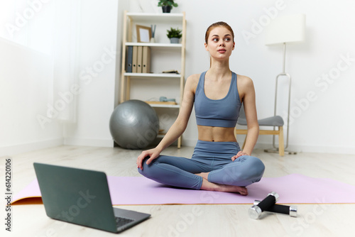 woman home yoga lotus space mat lifestyle training health laptop copy video