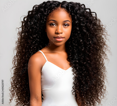 African american girl with long and shiny wavy hair on white background. Beautiful model with curly hairstyle. 