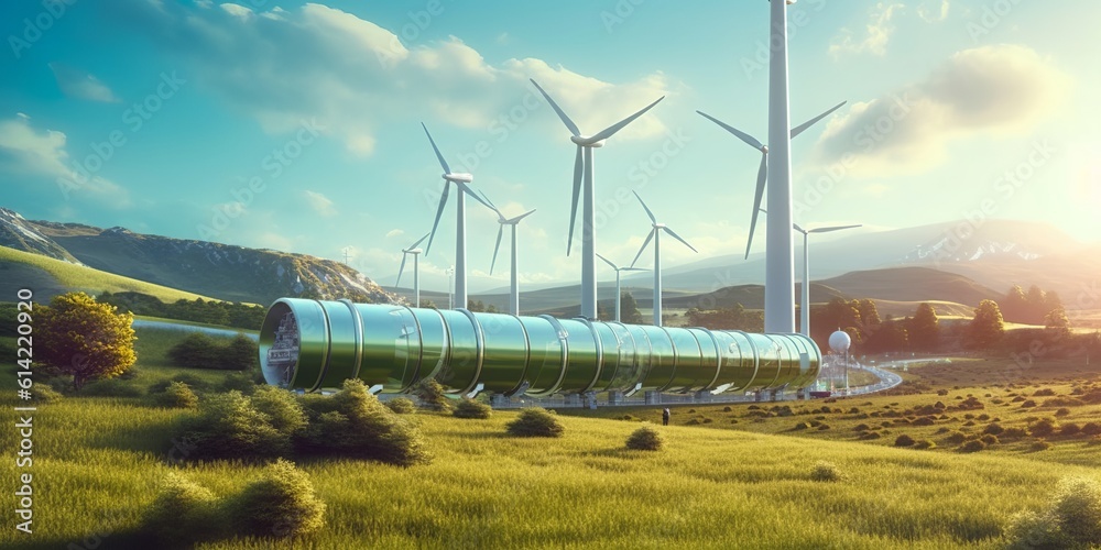 Green hydrogen pipeline wind turbines in modern style. Modern for concept design. Green energy production. Electricity equipment. Generative Ai Green hydrogen pipeline wind turbines in modern style. Modern for concept design. Green energy production. Electricity equipment. Generative Ai