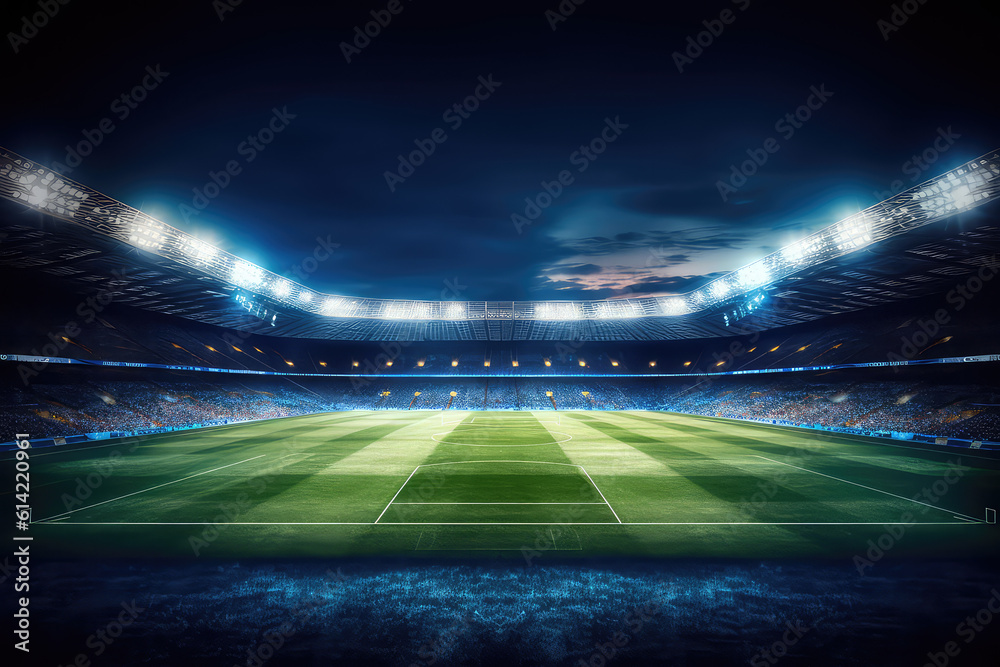 Panoramic view of a large green soccer stadium with fan stands illuminated by floodlights and spotlights. Empty night Football arena, nobody, banner template, text space. Generative AI photo 