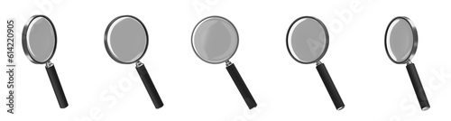 Set of 3d magnifying glass with black handle, PNG,  
Isolated transparent