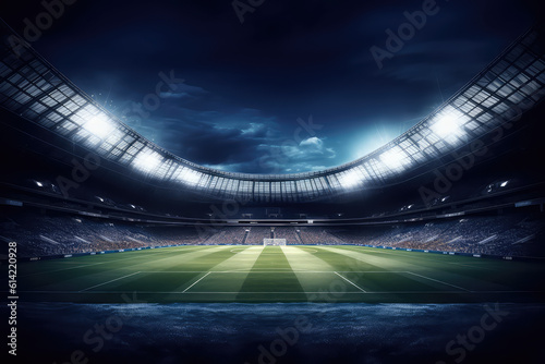 Panoramic view of a large grass soccer stadium with fan stands illuminated by floodlights and spotlights. Empty night Football arena, nobody, banner template, copy space. Generative AI photo 