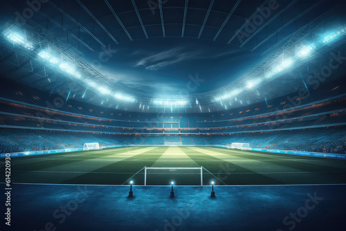 Panoramic view of a large grass soccer stadium with fan stands illuminated by floodlights and spotlights. Empty night Football arena, nobody, web banner template, copy space. Generative AI photo 