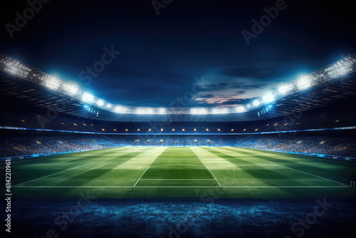 Panoramic view of a large green soccer stadium with fan stands illuminated by floodlights and spotlights. Empty night Football arena  nobody  banner template  text space. Generative AI photo 