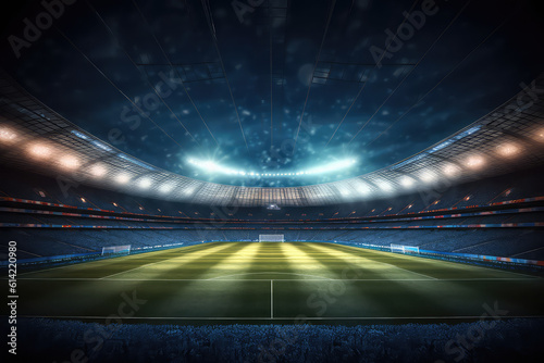 Panoramic view of a large soccer stadium with fan stands illuminated by floodlights and spotlights. Empty night Football arena, nobody, banner template, copy space for text. Generative AI photo 