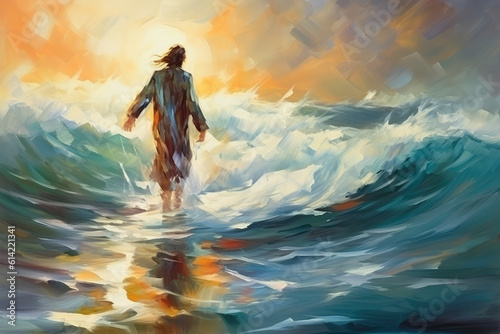 Jesus Christ walking above the wavy sea water, abstract oil painting style, generative AI