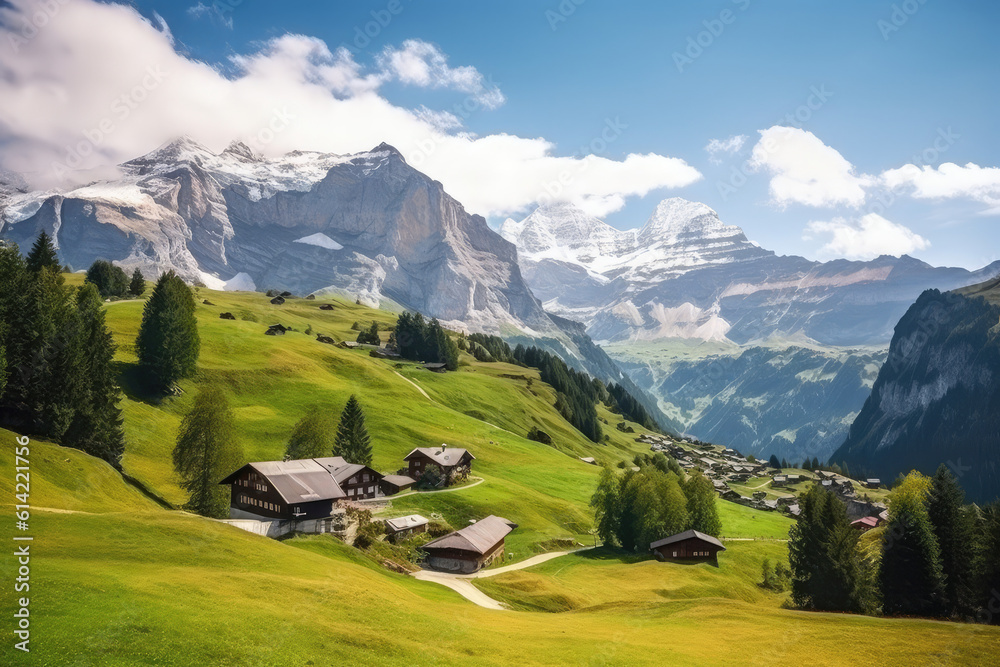 Switzerland nature and travel. Alpine scenery. Scenic traditional mountain village with snow peaks of Alps