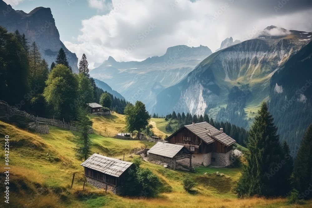Switzerland nature and travel. Alpine scenery. Scenic traditional mountain village with snow peaks of Alps