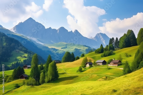 Switzerland nature and travel. Alpine scenery. Scenic traditional mountain village with snow peaks of Alps