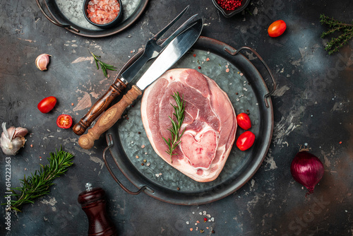 Pork Meat on a wooden board, Food recipe background. Close up
