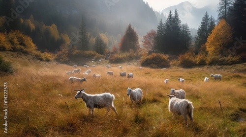 goats graze on a farm meadow. Generative AI