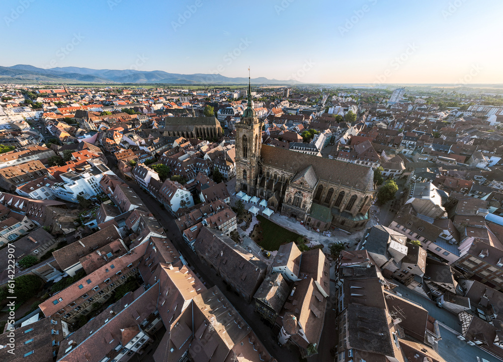 Aerial Drone Shot of the city of Colmar in Alsace France. Quiet streets at sunny Morning.