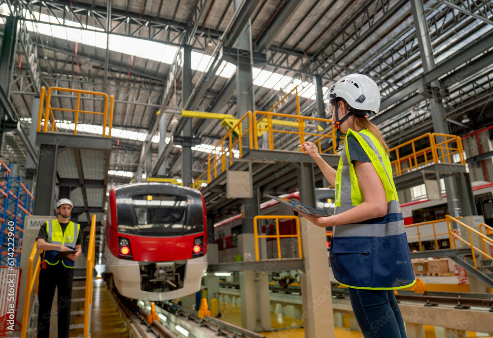 Fototapeta premium Back of technician or engineer work er woman point to the front of electric train and co-worker man stand beside of the train.