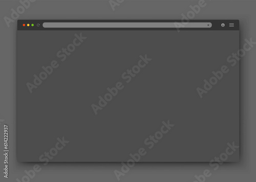 The design of the web browser window in gray on a dark background. Vector frame of a website template with a shadow. Night mode theme. Vector EPS 10.