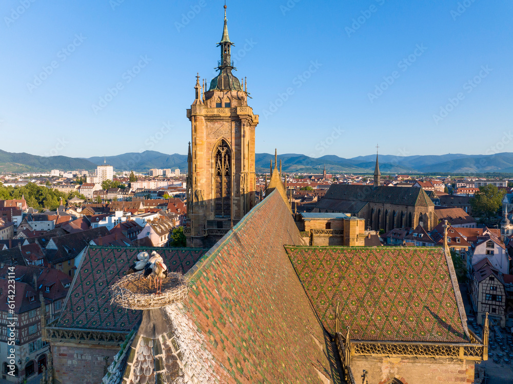 Aerial Drone Shot of St Martin's Church - Eglise Saint-Martin, church in Colmar, in Haut-Rhin, Alsace, France