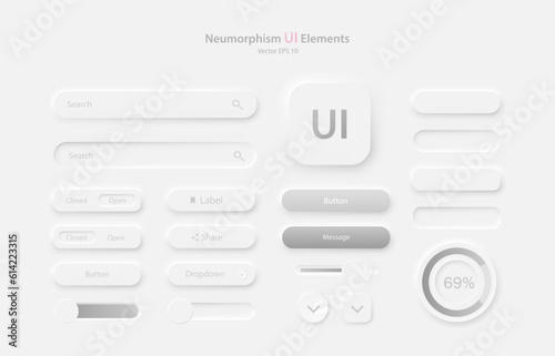 Collection of user interface elements for a mobile application. Set of icons for user interface development in white and grey. Buttons for mobile devices in the style of neumorphism, UI, UX. 