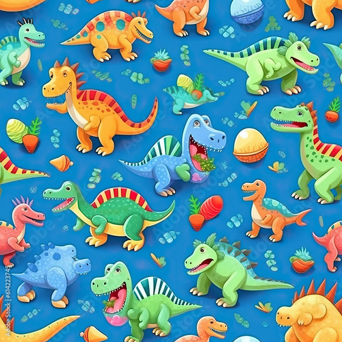 Cartoon dinosaurs seamless repeat pattern  cute adorable dino doodle  Generative AI  