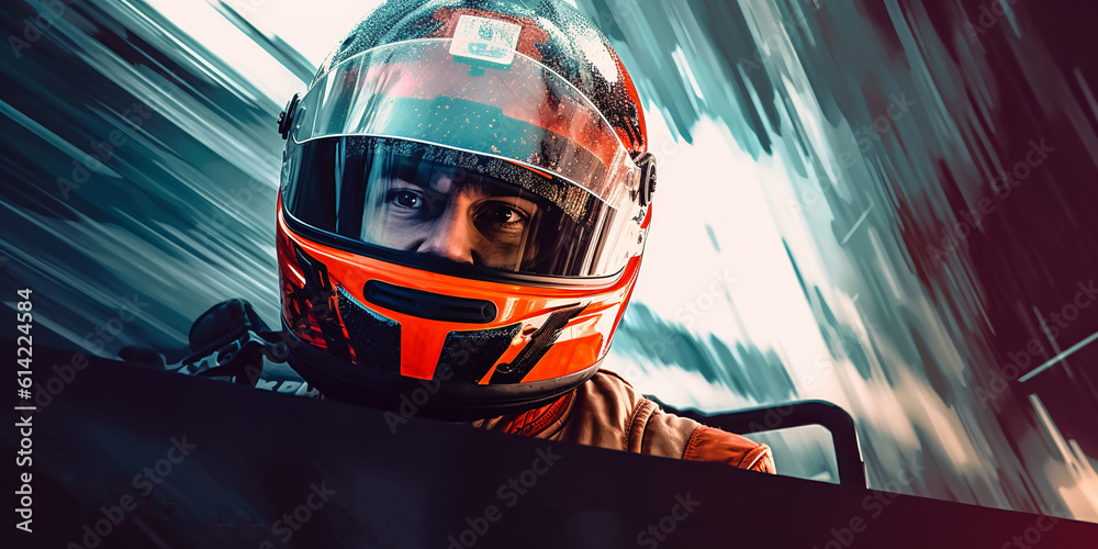 Fototapeta premium A man in a helmet driving a car on the highway. Generative Ai