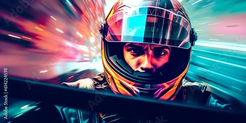 A man in a helmet driving a car on the highway. Generative Ai Fototapet