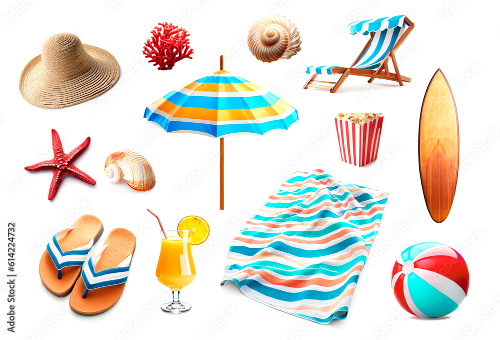 Beach items isolated on white.Summer objects set.