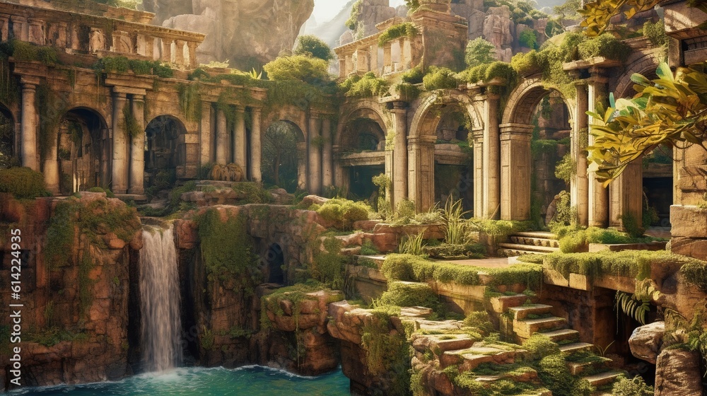 Ruins of an Ancient Civilization, Plants and Waterfalls, Fountains, Ancient Cities in the Mountains, Generative Ai