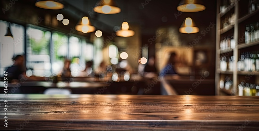 Coffee Delight. Product Showcase. Empty Wooden Table with Blurred Coffeeshop Background