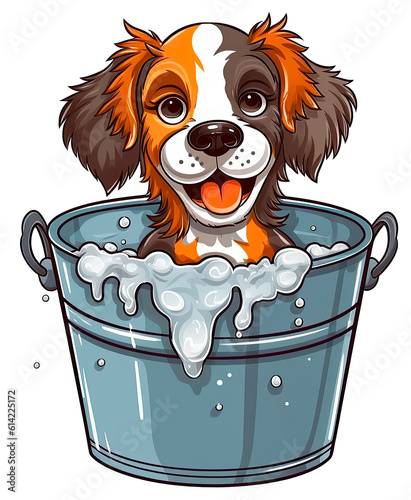 Dog taking bath on a metallic bucket isolated. Cartoon Vector illustration style. AI Generative
