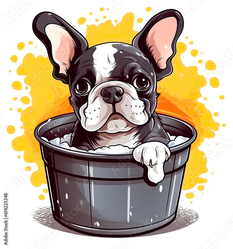 French bulldog Dog taking bath on a metallic bucket isolated on white background. Cartoon Vector illustration style. AI Generative