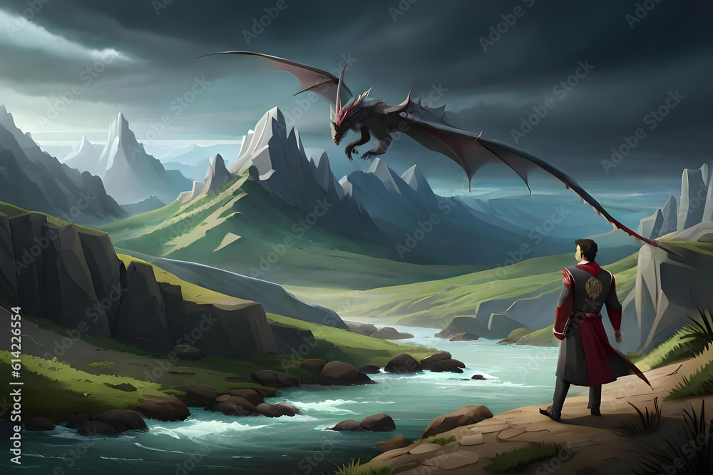 Obraz premium medieval knight watching his dragon fly over mountains