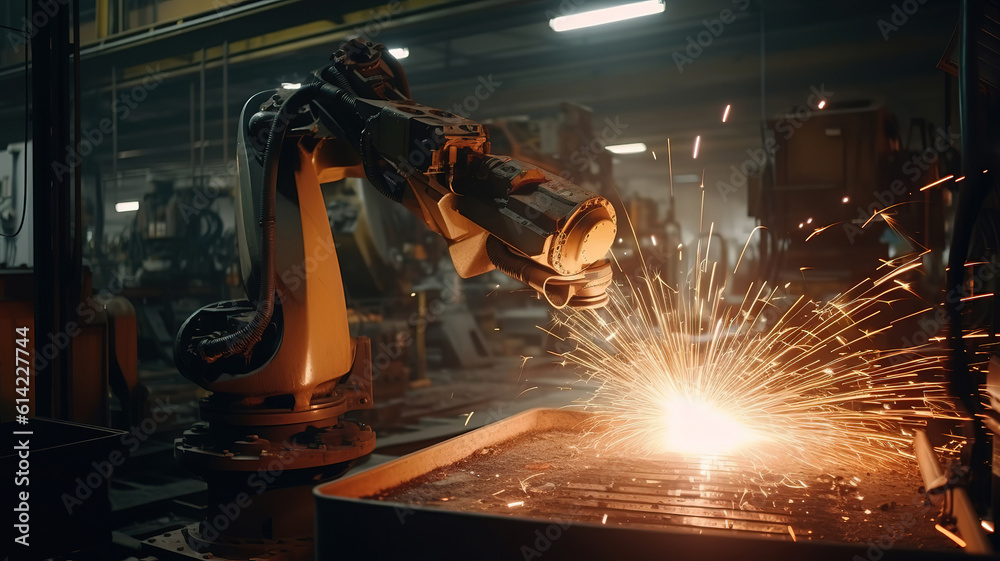 Hand of robot working steel welding building electronic machine in factory. Generative Ai