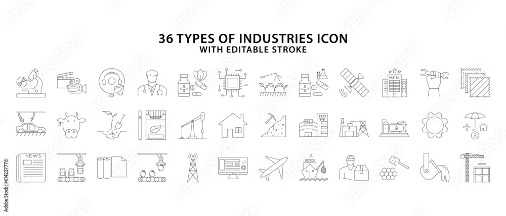 Industries Icon set. Types of industries icon set. 36 Types of industries icon set. vector illustration. editable stroke.