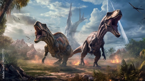 Fototapeta Naklejka Na Ścianę i Meble -  Dinosaurs of the Jurassic period. Close-up of dinosaurs in the jungle. Advertising poster. Postcard. Generative ai.