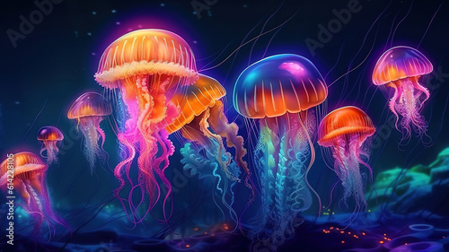 Jellyfishes Swimming In Sea. Generative Ai